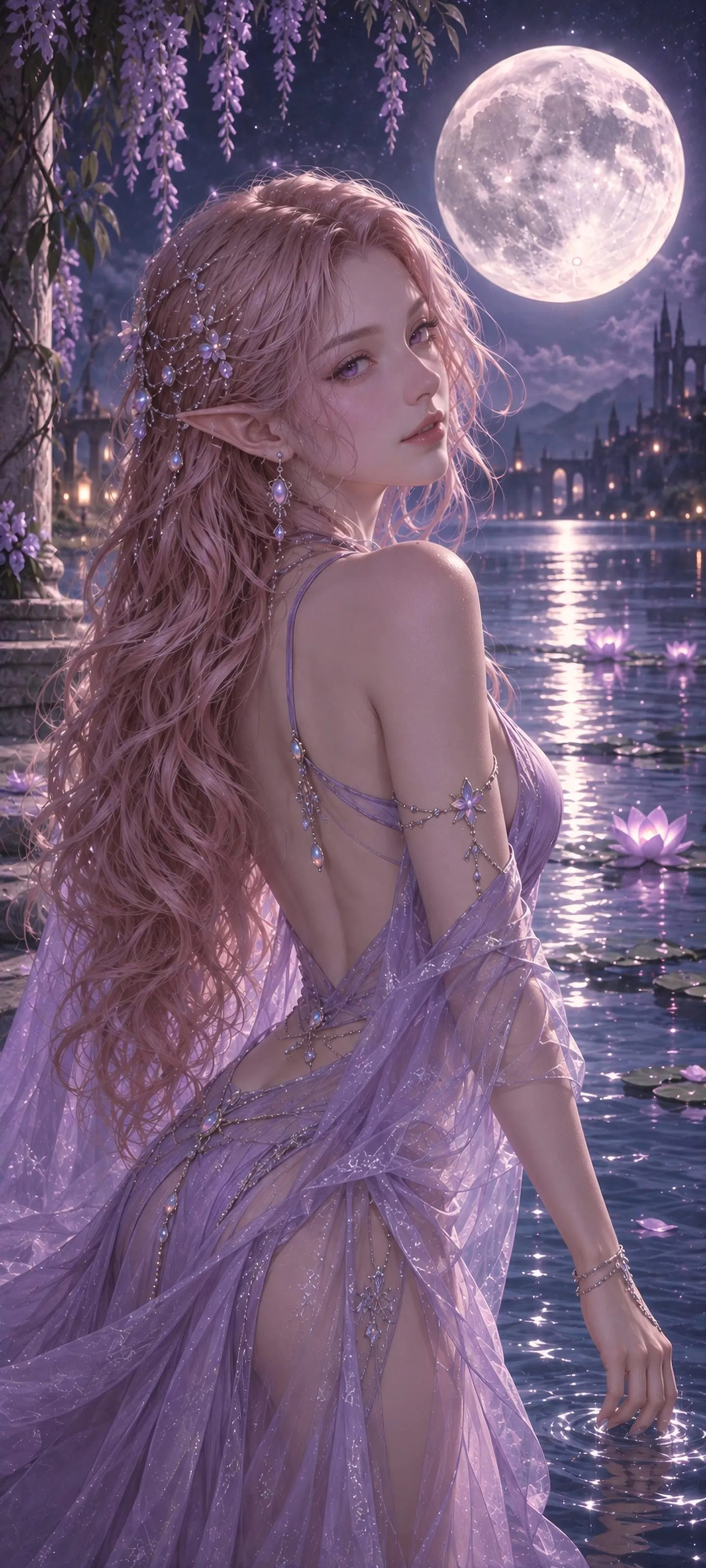 Waist-up rear three-quarter view of a dream elf with long rose-gold hair looking back over a lotus lake beneath a luminous moon.