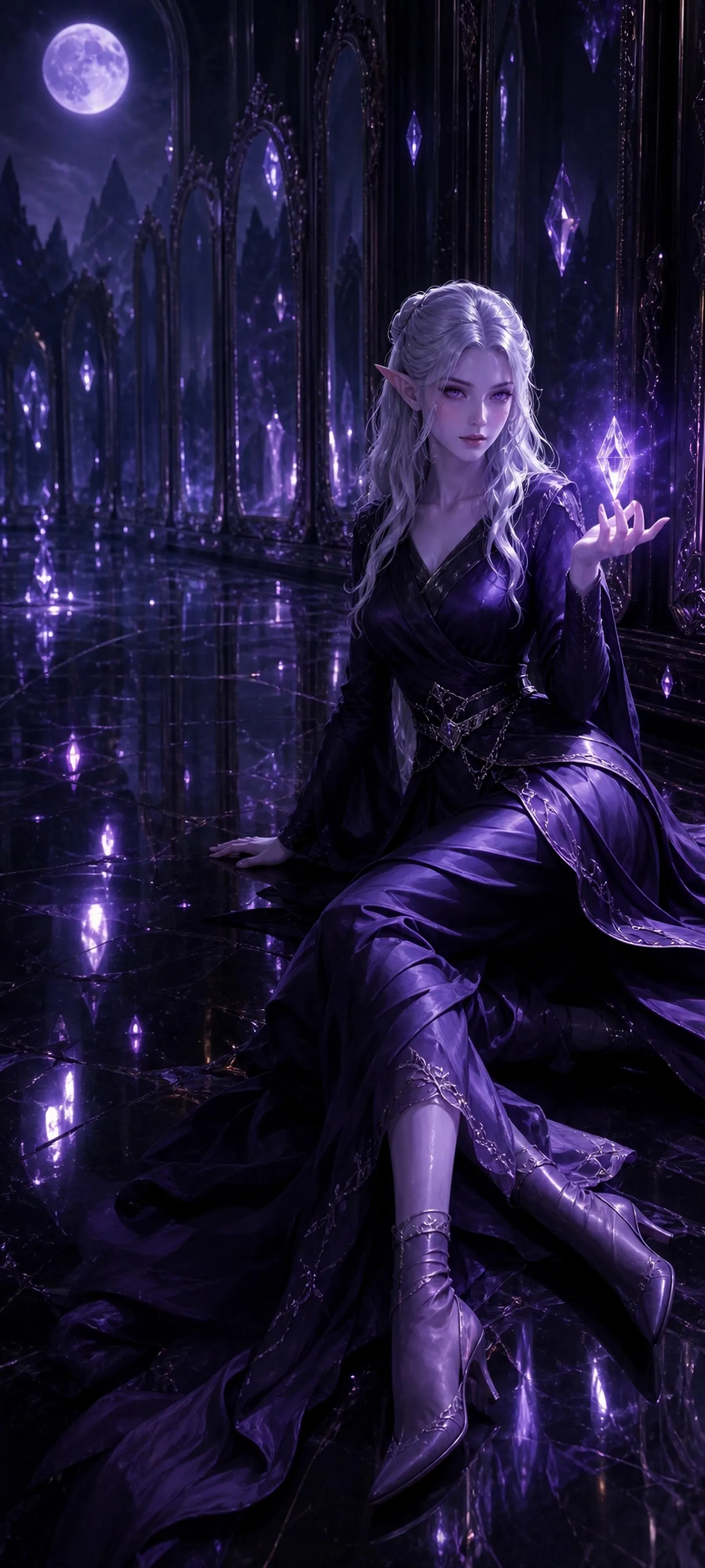 Vaelith Nox, a pale lavender night elf illusionist in a moonlit hall of enchanted mirrors