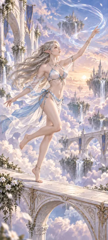 A lean and agile sky elf in a cloud-white fantasy bikini balances on an ornate floating bridge above the clouds.