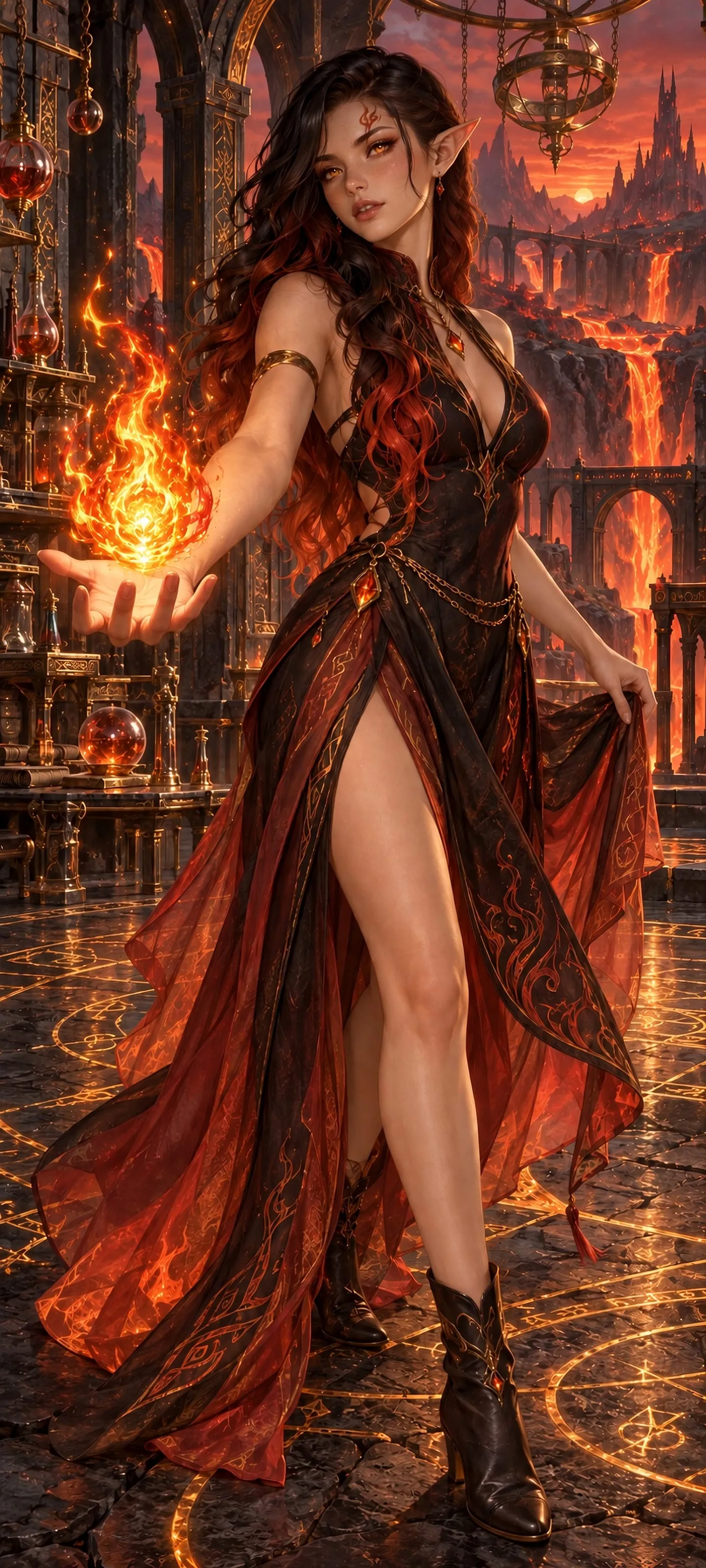 Rhaevia Sol, a lean ember elf mage holding a flame in her hand inside a volcanic spell atelier