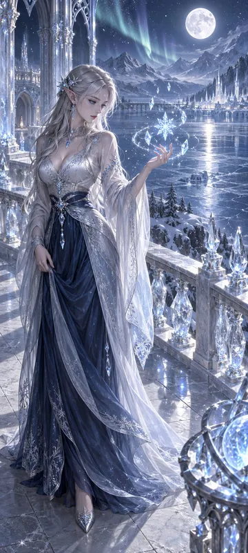 Eirwen Frostvale, the Winter's Quiet Hand, shaping frost magic on a moonlit palace terrace