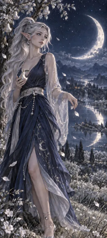 A moon elf with a segmented silver ponytail keeps a quiet vow in a moonlit pear orchard.