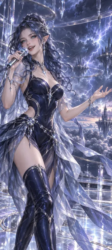 Veyra Tempest, a young adult Storm Elf singer performing on a floating stormglass stage above dark clouds