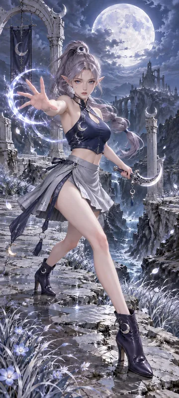 Full-body portrait of Nyra Moonswift, a fierce slim Moon Elf with pearl-lavender hair, a midnight crop top, silver mini skirt, and crescent blade on a moonlit temple causeway.